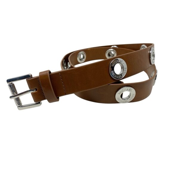 Michael Kors Womens Brown Belt‎ Large Sliver Tone Grommets Logo Designer Fashion - Picture 1 of 6